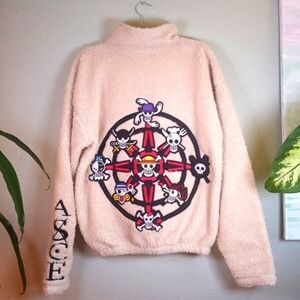 Neaux Wrld One Piece Compass Anime Fuzzy Zip Up Teddy Jacket Pop Art Casual Boho